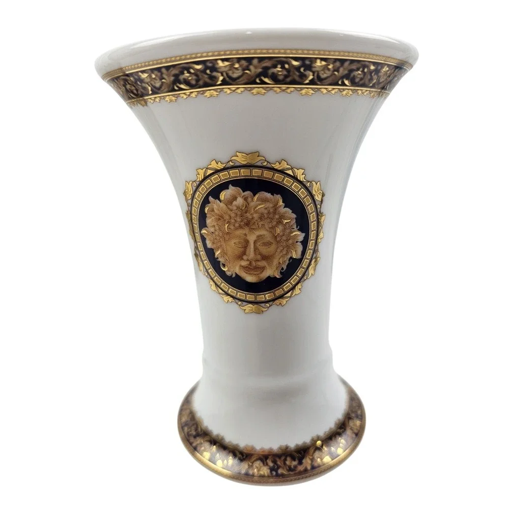 T. Limoges Bacchus Porcelain Trumpet Vase White Gold Navy Blue 7in France